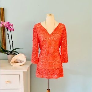 Calypso St Barth Coral Crochet Sequin Coverup L